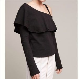 Anthropologie Black One-Shoulder Ruffle Long-Sleeve Top